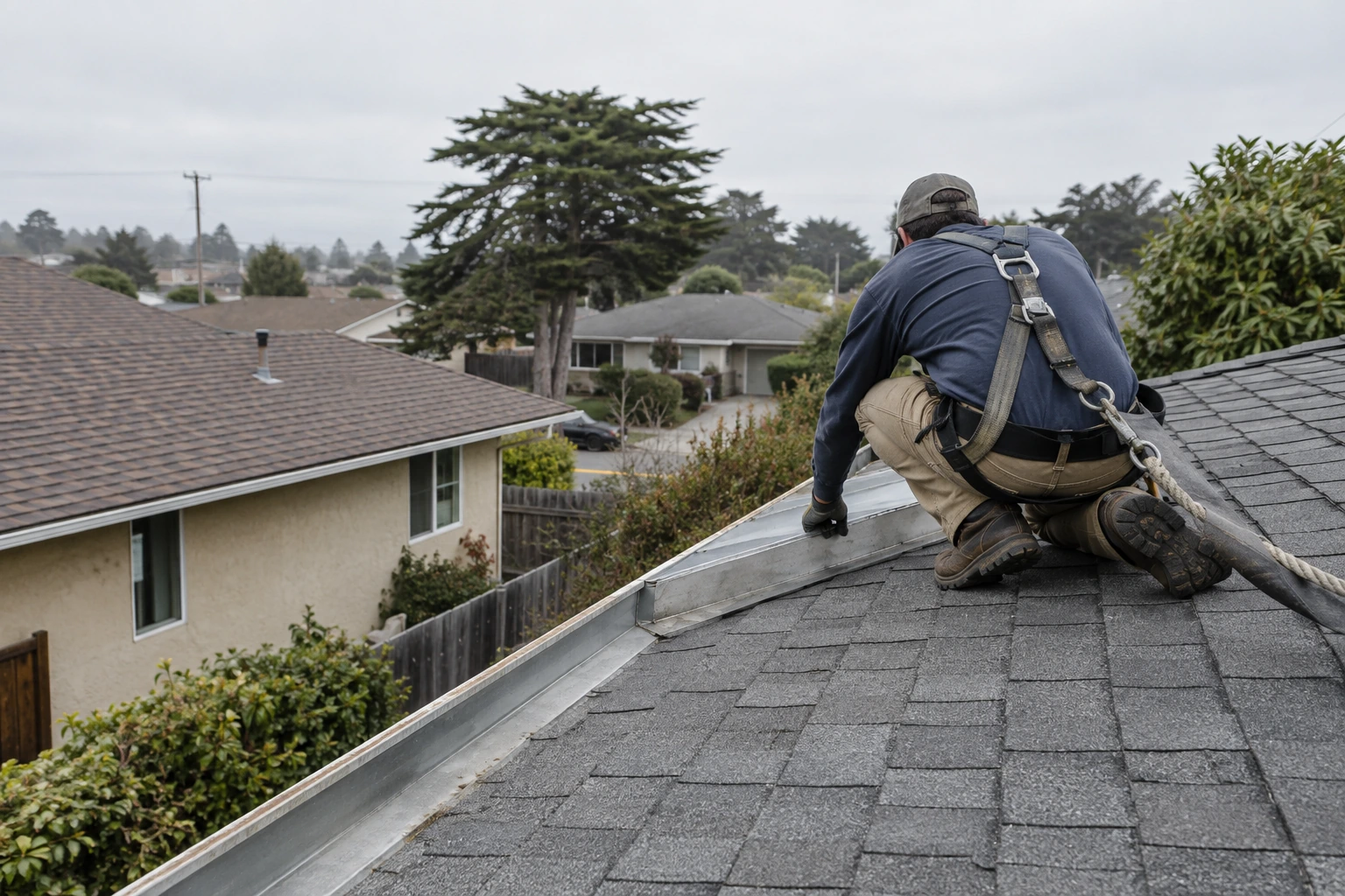 Residential roof inspection scene with no visible face